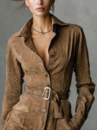 Midi Suede Dress with Lapel Collar and Single Breasted Closure