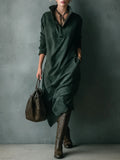 Vestido Largo Holgado de Ante Verde con Cuello Solapa y Manga Larga