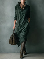 Vestido Largo Holgado de Ante Verde con Cuello Solapa y Manga Larga