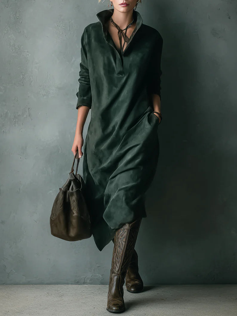 Vestido Largo Holgado de Ante Verde con Cuello Solapa y Manga Larga