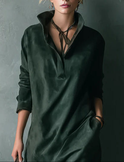 Vestido Largo Holgado de Ante Verde con Cuello Solapa y Manga Larga