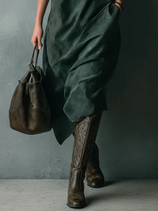 Vestido Largo Holgado de Ante Verde con Cuello Solapa y Manga Larga