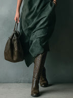 Vestido Largo Holgado de Ante Verde con Cuello Solapa y Manga Larga