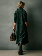 Vestido Largo Holgado de Ante Verde con Cuello Solapa y Manga Larga