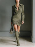 Vestido Mini de Ante Sintético Verde Oliva con Escote en V Cruzado