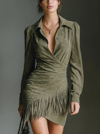 Vestido Mini de Ante Sintético Verde Oliva con Escote en V Cruzado