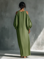 Green Off-the-Shoulder Puff Sleeve Maxi Dress