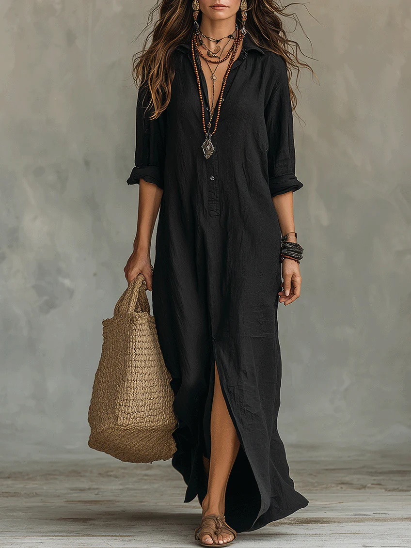 Vestido largo maxi negro con botones Sonia