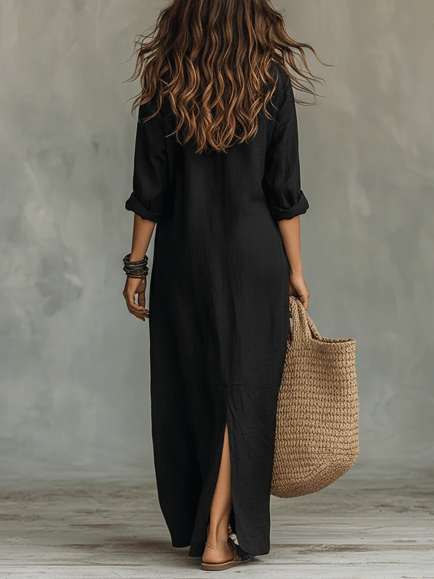 Vestido largo maxi negro con botones Sonia