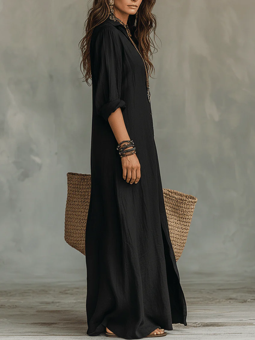 Vestido largo maxi negro con botones Sonia