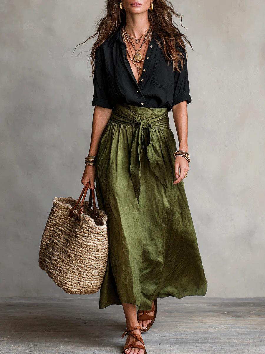 Conjunto de dos piezas con camisa negra y falda midi para mujer