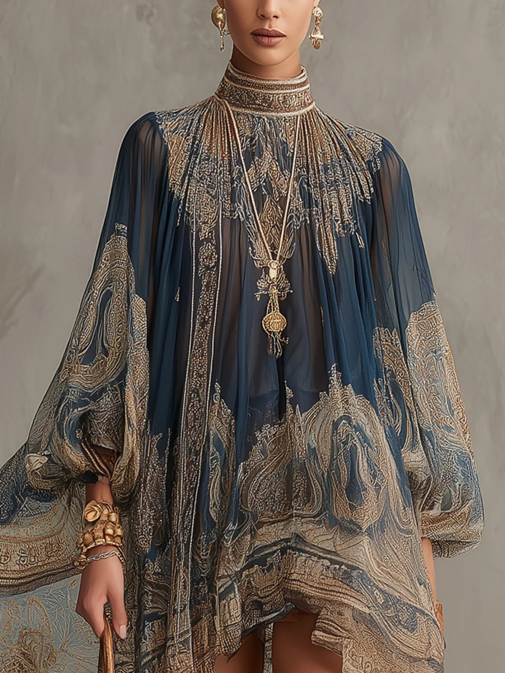 Vestido Mini de Chifón Azul Marino con Estampado Barroco y Cuello Alto