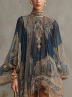 Vestido Mini de Chifón Azul Marino con Estampado Barroco y Cuello Alto