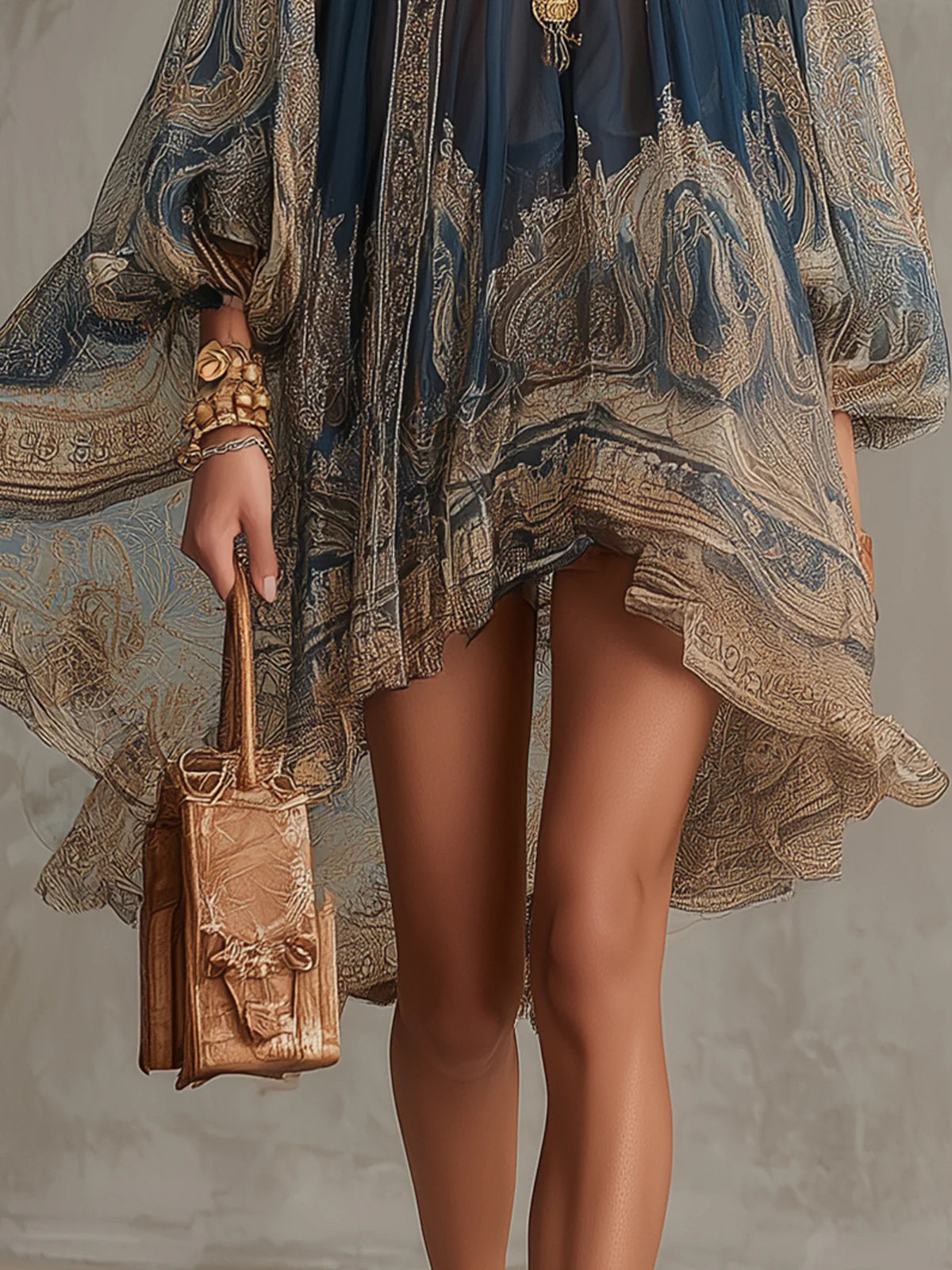 Vestido Mini de Chifón Azul Marino con Estampado Barroco y Cuello Alto