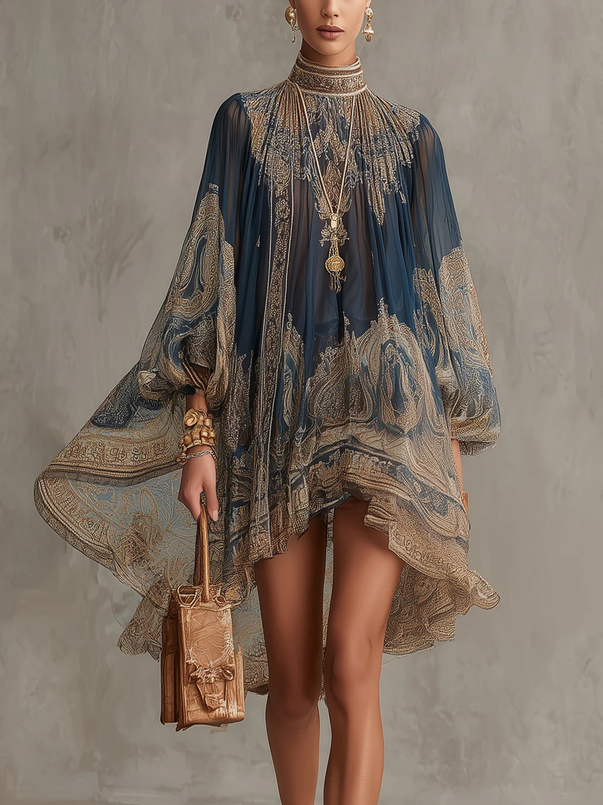 Vestido Mini de Chifón Azul Marino con Estampado Barroco y Cuello Alto