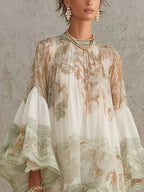 Vestido Mini de Chifón Verde con Manga Volante y Bajo con Volantes