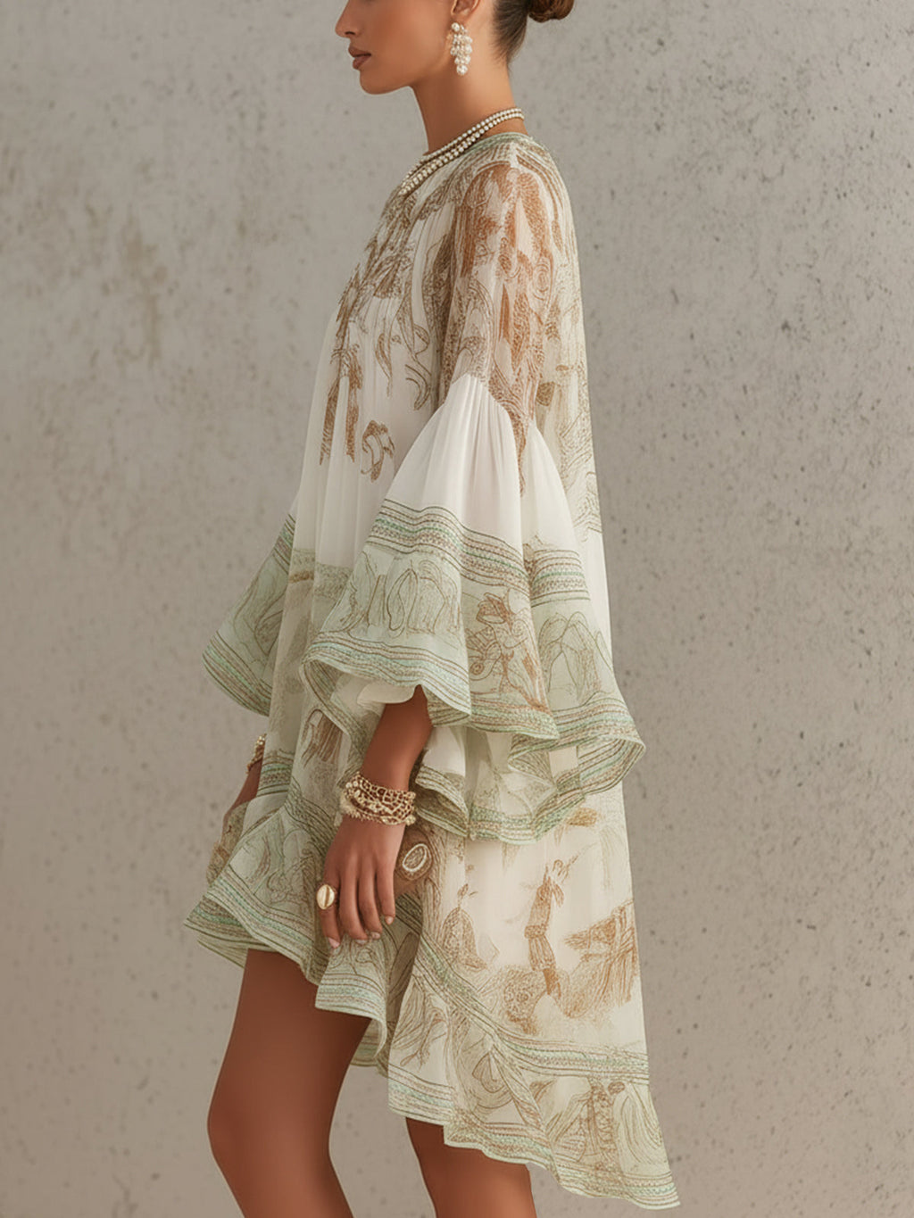 Vestido Mini de Chifón Verde con Manga Volante y Bajo con Volantes