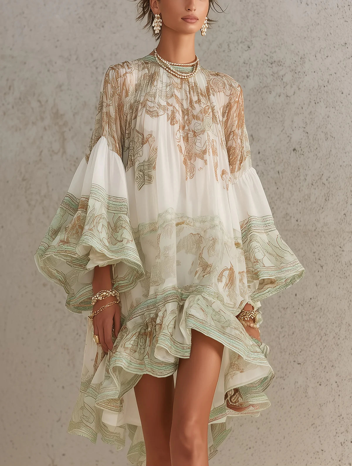 Vestido Mini de Chifón Verde con Manga Volante y Bajo con Volantes
