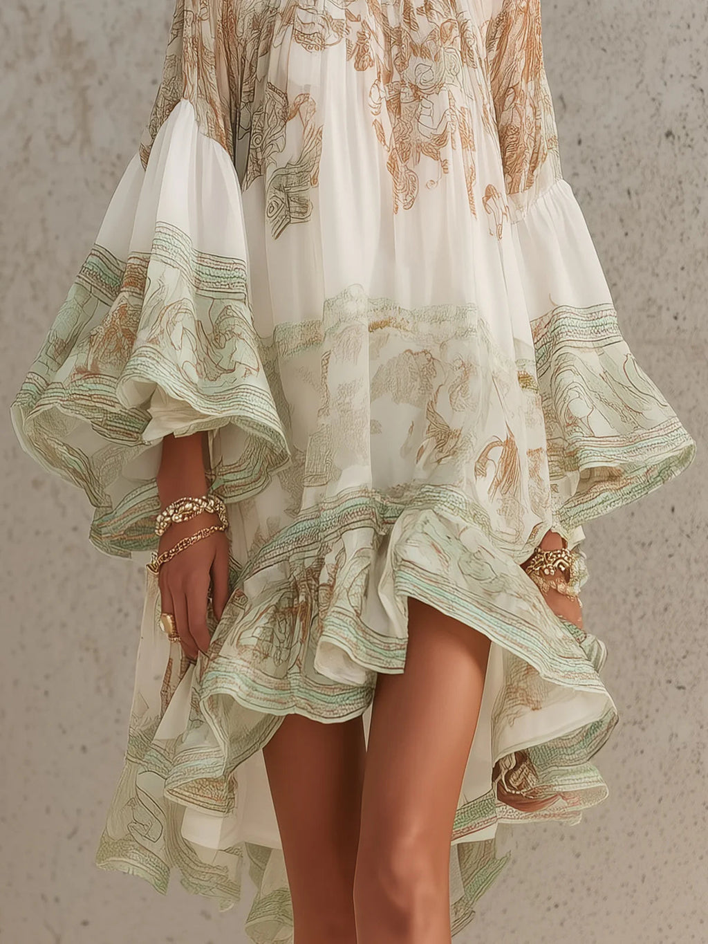 Vestido Mini de Chifón Verde con Manga Volante y Bajo con Volantes