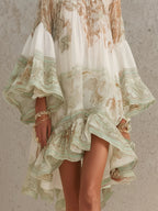Vestido Mini de Chifón Verde con Manga Volante y Bajo con Volantes