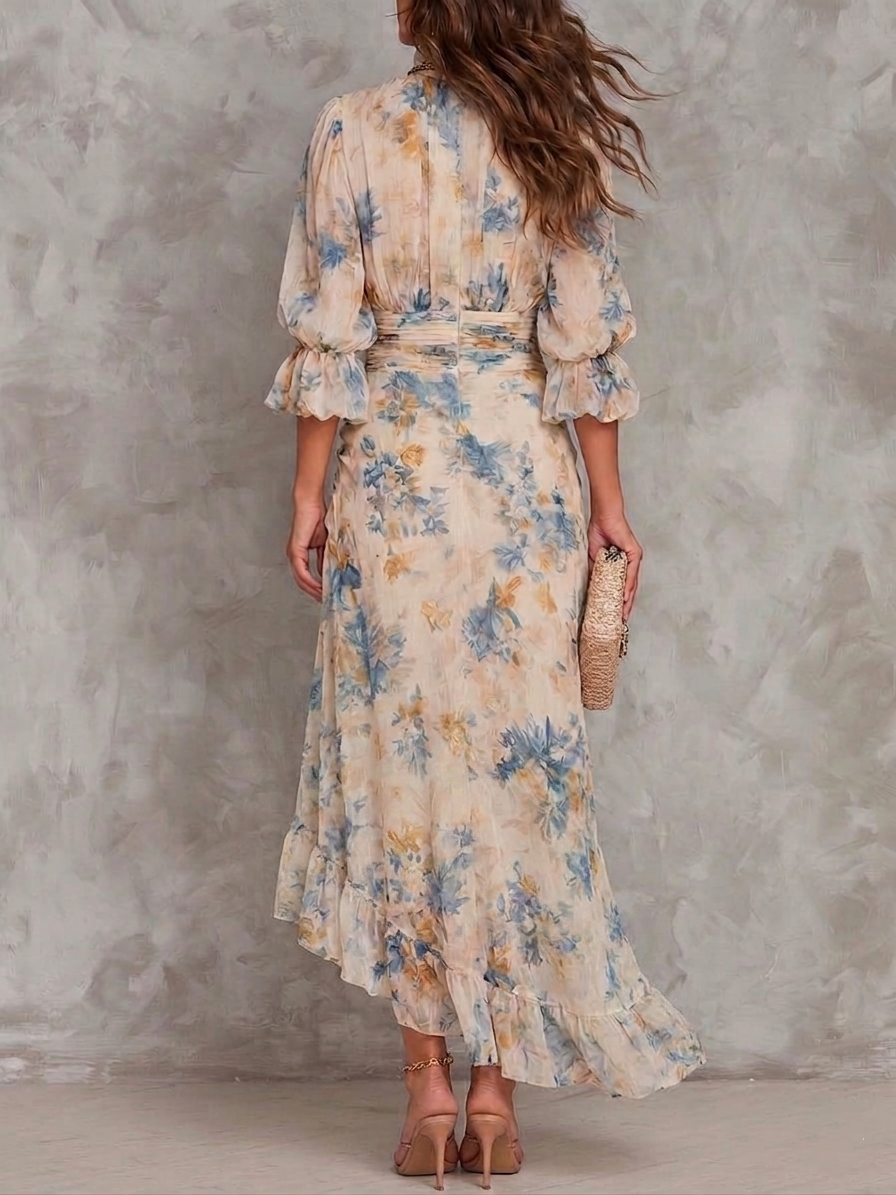 Vestido Maxi Chifón Beige con Estampado Floral Pintura al Óleo