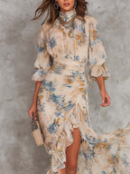 Vestido Maxi Chifón Beige con Estampado Floral Pintura al Óleo