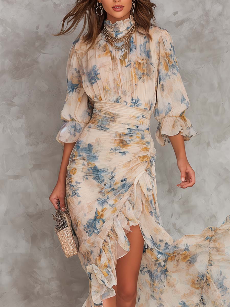 Vestido Maxi Chifón Beige con Estampado Floral Pintura al Óleo