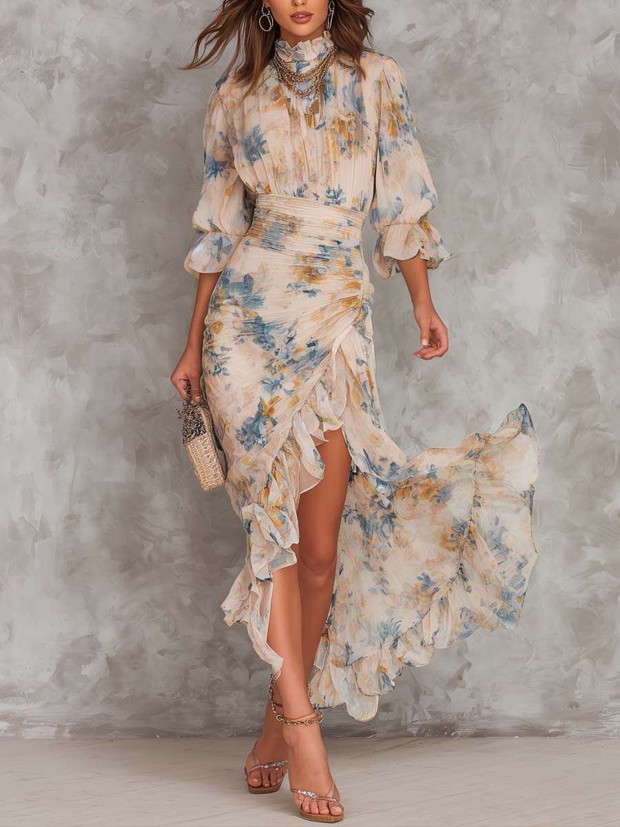 Vestido Maxi Chifón Beige con Estampado Floral Pintura al Óleo