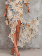 Vestido Maxi Chifón Beige con Estampado Floral Pintura al Óleo