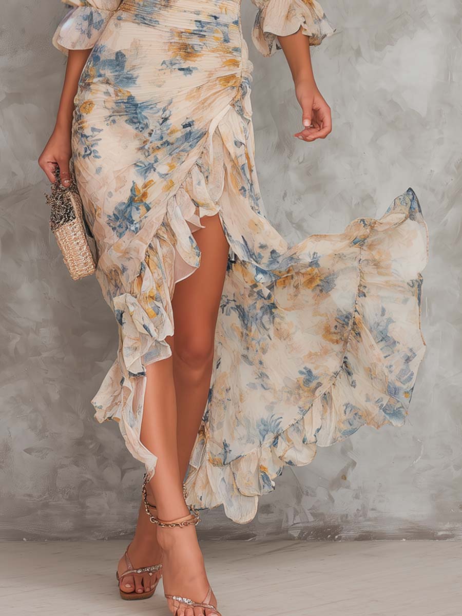 Vestido Maxi Chifón Beige con Estampado Floral Pintura al Óleo