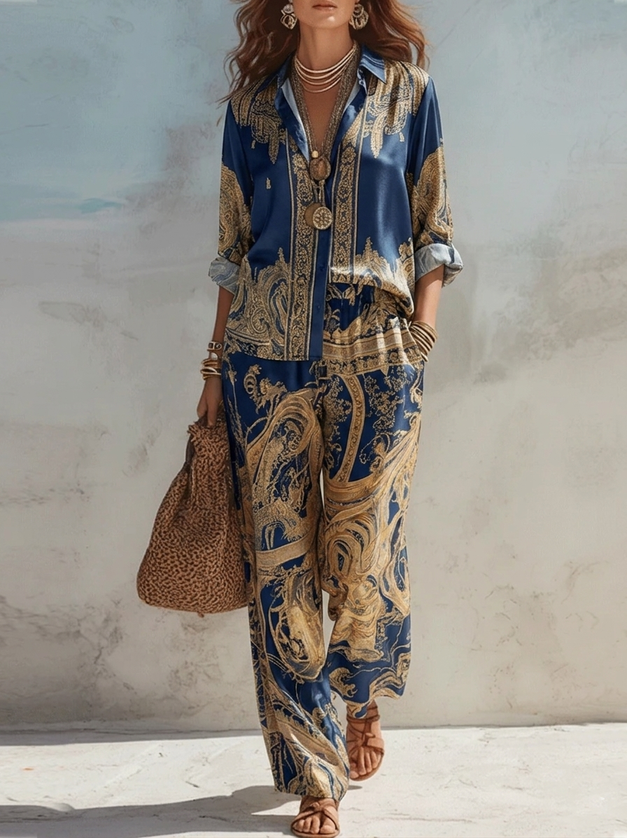 Conjunto Dos Piezas Camisa Estampado Barroco y Pantalón Ancho Marino