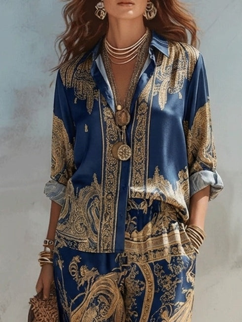 Conjunto Dos Piezas Camisa Estampado Barroco y Pantalón Ancho Marino