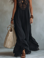 Vestido maxi bohemio negro sin mangas con encaje en los bordes