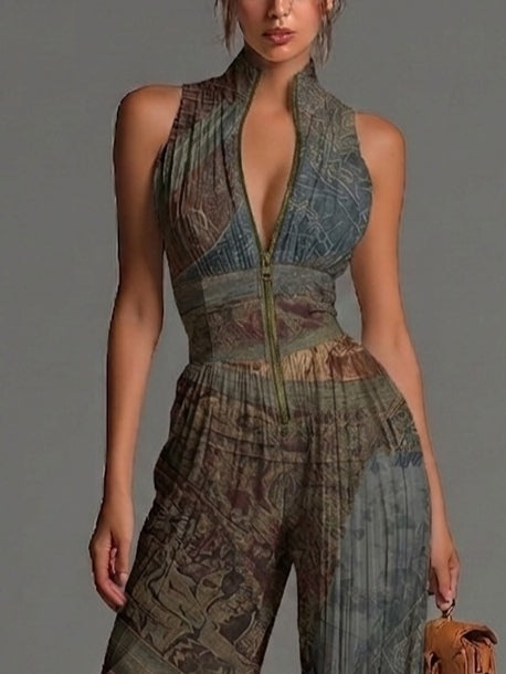 Mono de gasa de corte ancho con pliegues, sin mangas, cremallera y estampado étnico bohemio