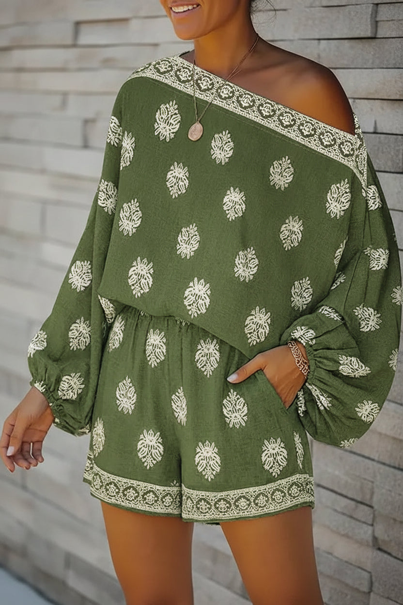 Short jumpsuit with baroque print, off-the-shoulder and flared sleeves
