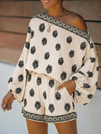 Short jumpsuit with baroque print, off-the-shoulder and flared sleeves