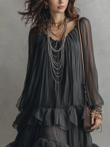 Vestido Maxi Transparente con Volantes por Capas