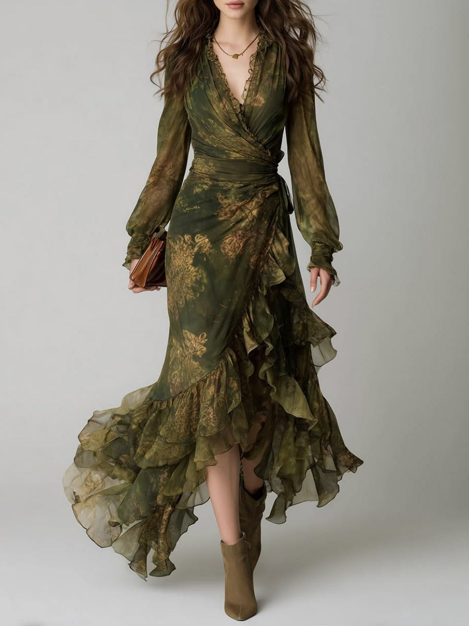 Vestido Maxi de Chifón con Volantes Florales