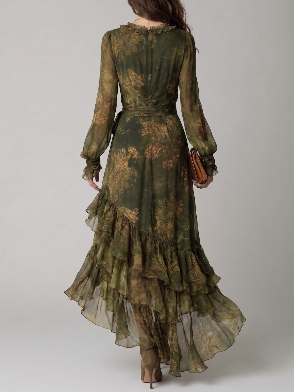 Vestido Maxi de Chifón con Volantes Florales