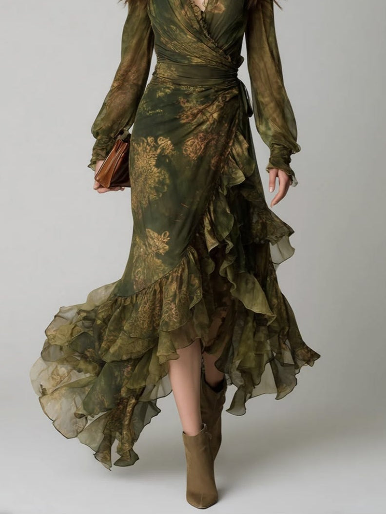 Vestido Maxi de Chifón con Volantes Florales