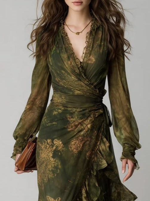 Vestido Maxi de Chifón con Volantes Florales