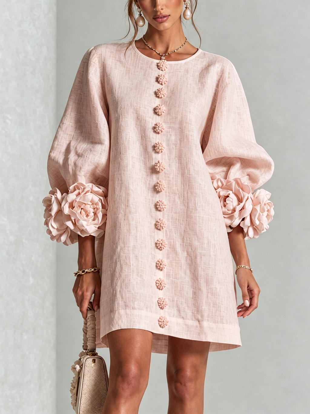 Minivestido con estampado floral y botones, con llamativos puños florales.
