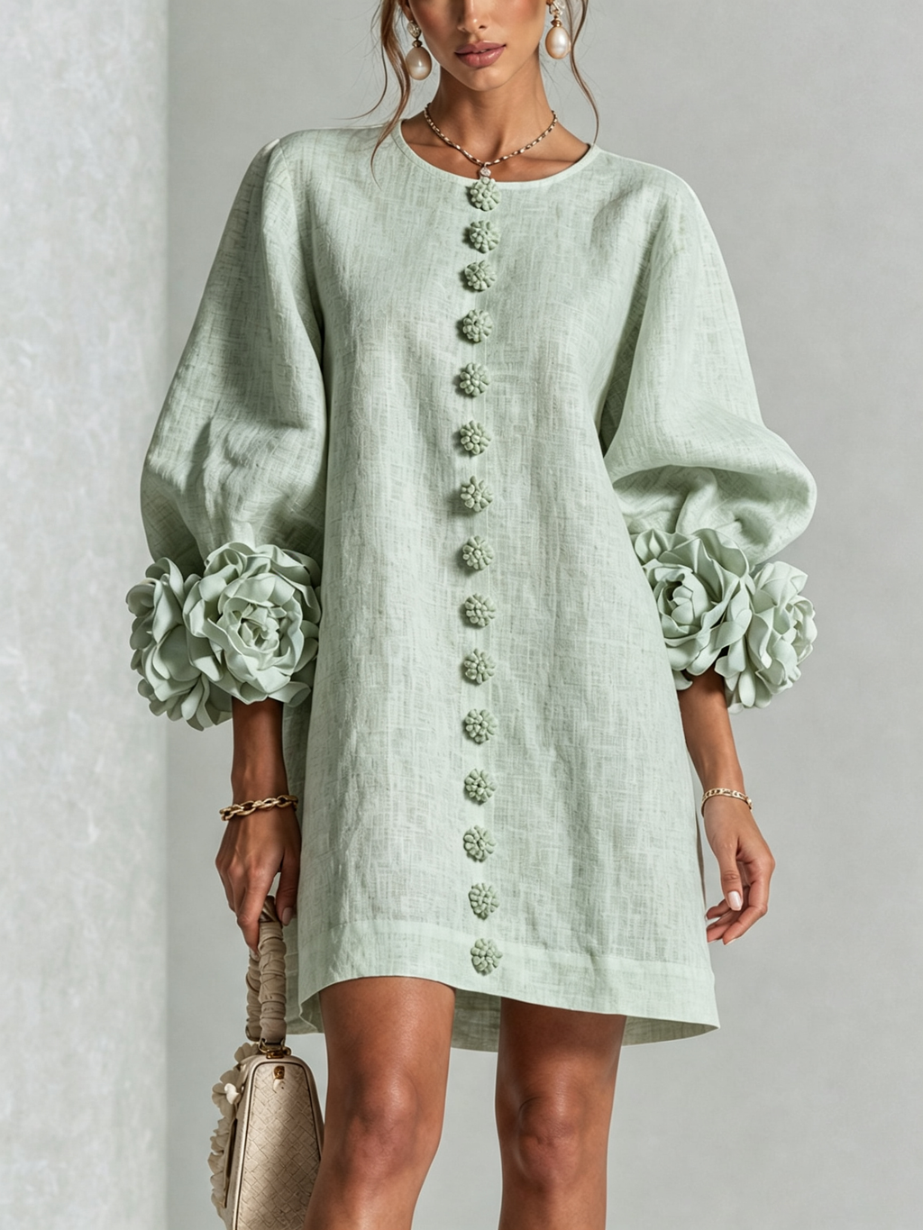 Minivestido con estampado floral y botones, con llamativos puños florales.