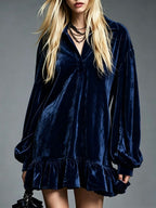 Velvet Puff Sleeve Ruffle Hem Mini Dress