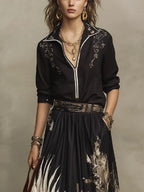 Black Artistic Print Blouse and Flowy Midi Skirt Set