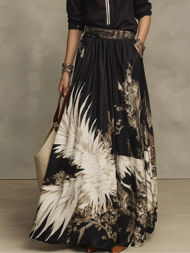Black Artistic Print Blouse and Flowy Midi Skirt Set