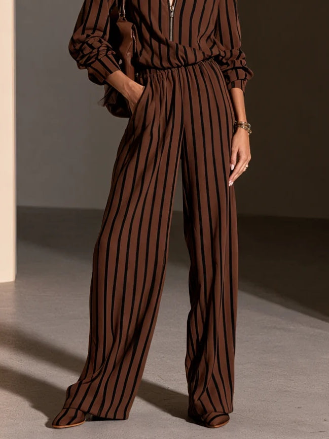 Half-Zip Striped Top and Elastic Wide-Leg Pants Set