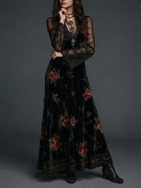 Vestido Maxi de Terciopelo Negro con Estampado Floral y Mangas de Encaje