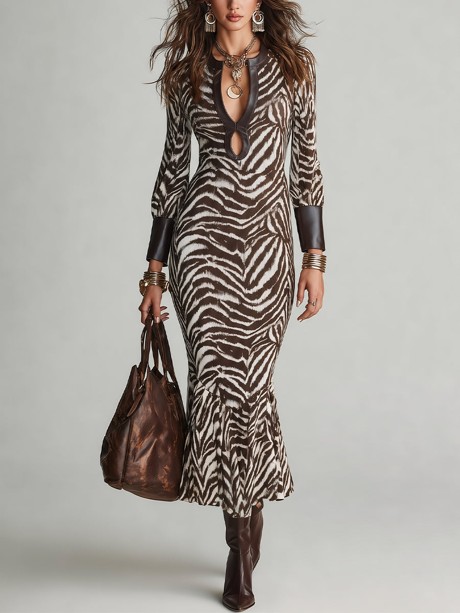 Zebra Print Keyhole Neck Maxi Dress in Brown