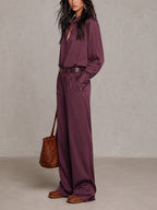 Satin Shirt and Wide-Leg Pants Set in Plum Purple (with Belt)